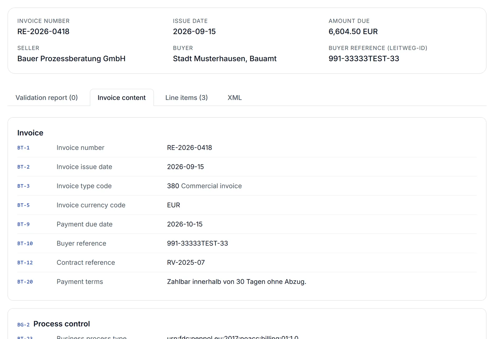 Viewer of the validator: invoice content of an XRechnung with BT numbers, field names and values for invoice, seller and address