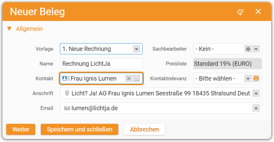 Create new invoice in teamspace