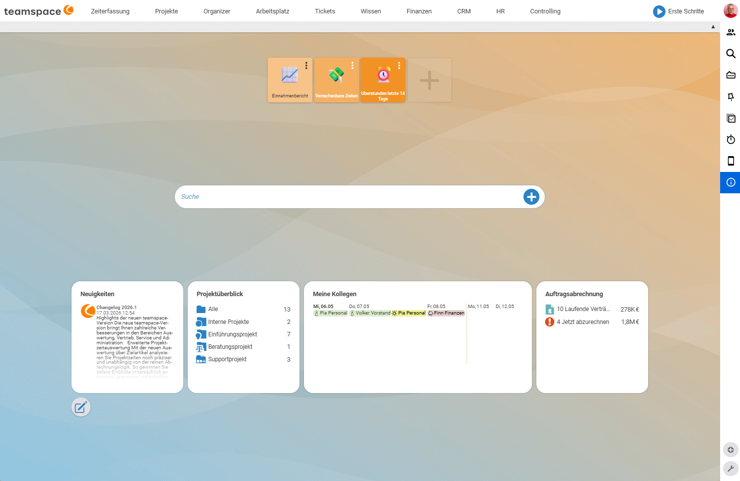 teamspace dashboard start screen with navigation, quick search and four tiles (project overview, my colleagues, task overview)